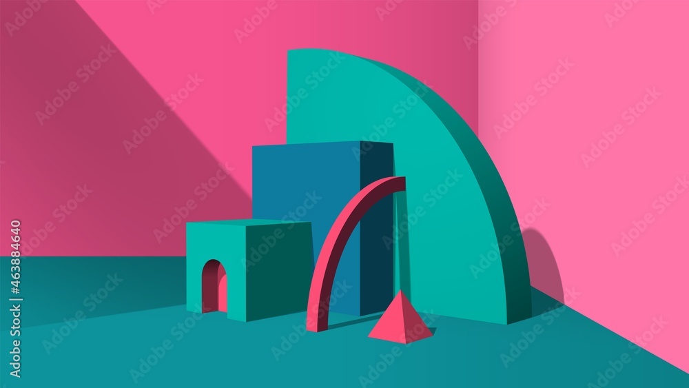 Poster Abstract green 3D objects or elements installation in the pink room for a booklet of banner.