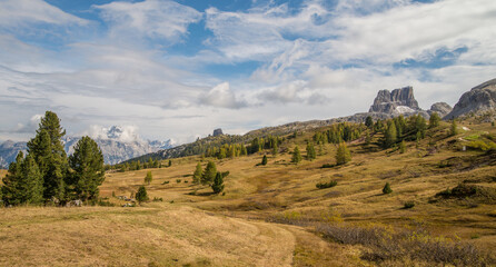 Fototapeta na wymiar Scenic landscape of Dolomites in Italy during autumn time