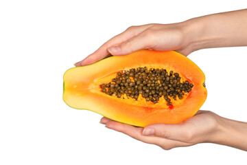 Papaya fruit isolated on a white background in woman hands. Half papaya.