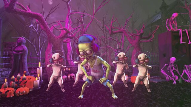 Seamless animation of a clubber zombie twerking dancing in a party in a graveyard with raver devil dolls. Funny cartoon character for Halloween background.