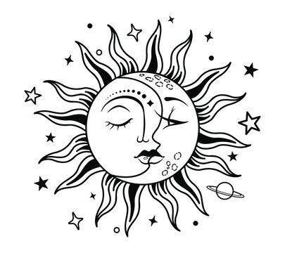 Celestial design. Sun inside the moon. Symbols of magic and alchemy. Vector illustration.