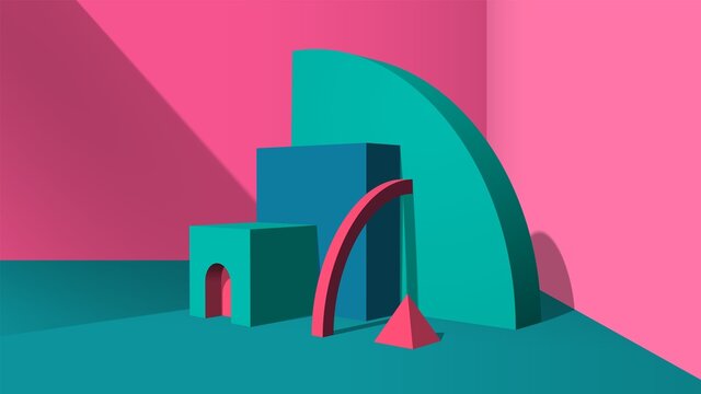 Abstract green 3D objects or elements installation in the pink room for a booklet of banner.
