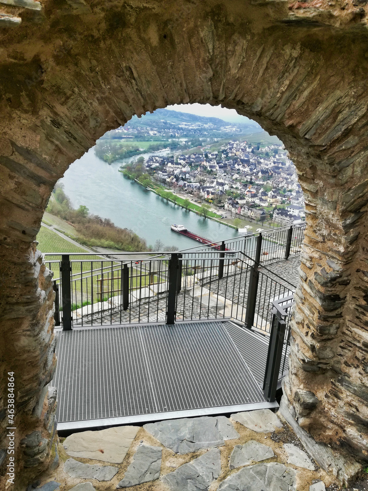 Sticker Arch in the Burgruine Landshut Bernkastel-Kues, Germany, and a river that goes through a village