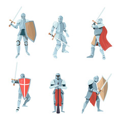 Chivalry cartoon vector illustration set. Knights or medieval fighters, soldiers in different poses during battle or fight. Man characters in armor with shields. History, armor, duel concept