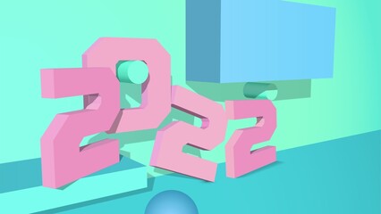 3D vector 2022 New Years typography with pink and green shapes on the abstract background and number signs.
