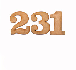 Number 231 in wood, isolated on white background