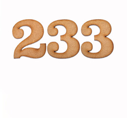 Number 233 in wood, isolated on white background