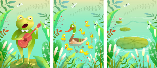 Swamp animals collection. Frog singing on waterlily, mother duck with ducklings on the pond. Cute lake wildlife and empty background. Vector illustration in watercolor style.
