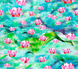 Watercolor seamless, Pink lotus, Lily on green, blue water. A bud with beautiful petals. Yoga, religion, Buddhism, esotericism, psychology. Drawing with water-based paint. To decorate your interior