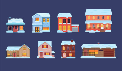 Houses and apartment buildings in snow isolated on blue background. Winter houses, buildings facade cartoon vector illustration set. Winter holidays, Christmas, snowy city concept - obrazy, fototapety, plakaty