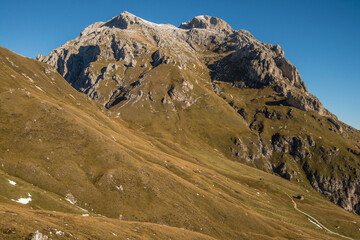 Scenic landscape of Dolomites in Italy during autumn time