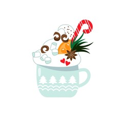 Cocoa. Christmas drink. Festive composition. Vector illustration. Orange slice, cream, chocolate pieces, cinnamon, marshmallows, lollipop.
