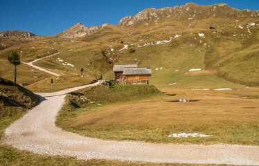 Scenic landscape of Dolomites in Italy during autumn time