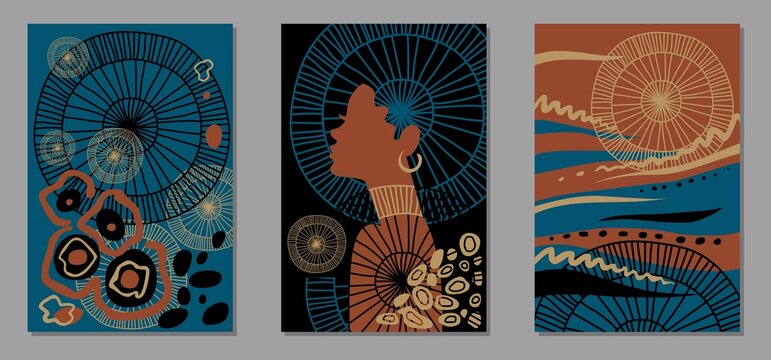 Set of abstract posters with black woman and African motifs. Flat design in dark colors, blue, terracotta, beige and black. Vector backgrounds for print, cover and wall art.