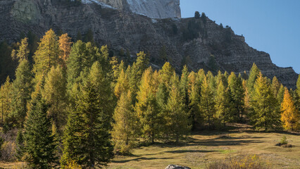 Scenic landscape of Dolomites in Italy during autumn time