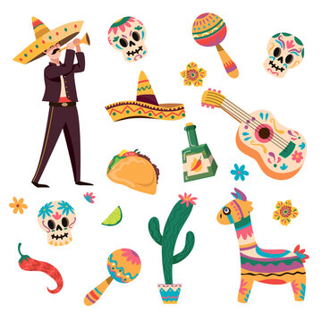 Cartoon vector illustration set of traditional Mexican symbols for various designs. Taco, sombrero, cactus, guitar, maracas, lama, pepper, skeleton sticker. Mexico, Day of Dead, latino culture concept