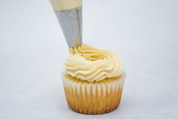 vanilla cupcake decorated with piping bag white vanilla cream 