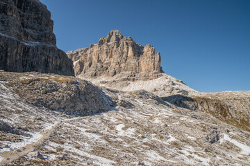 Scenic landscape of Dolomites in Italy during autumn time