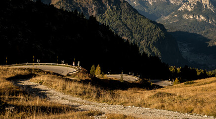 Scenic landscape of Dolomites in Italy during autumn time