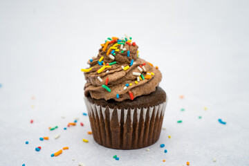 black cupcake decorated with a piping bag chocolate cream and sprinkles