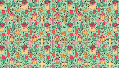 Happy Easter holiday doodle pattern, texture, banner. Cupcake, cake, tulip flower, christian cross, sun, carrot.