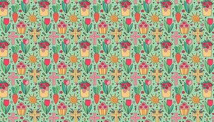 Happy Easter holiday doodle pattern, texture, banner. Cupcake, cake, tulip flower, christian cross, sun, carrot.