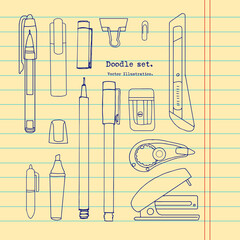 Isolated set of hand drawn stationery. Sketch writing items. Doodle office supplies, Pencil, Pen, correction fluid, marker, Cutter. Cartoon design elements for infographic, web design. School
