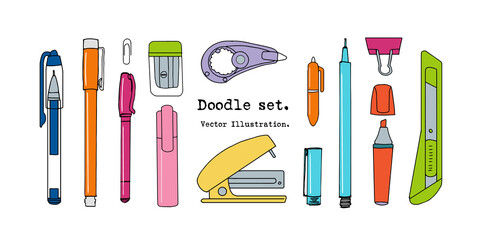 Isolated set of hand drawn stationery. Sketch writing items. Doodle office supplies, Pencil, Pen, correction fluid, marker, Cutter. Cartoon design elements for infographic, web design. School
