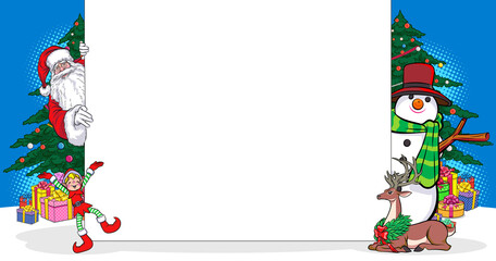 peeking santa claus with White board and snowman elf rain deer
