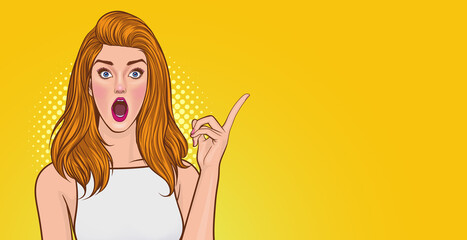 pretty woman surprised and point somthing