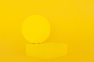 Yellow podium on the yellow background. Podium for product, cosmetic presentation. Creative mock up. Pedestal or platform for beauty products.