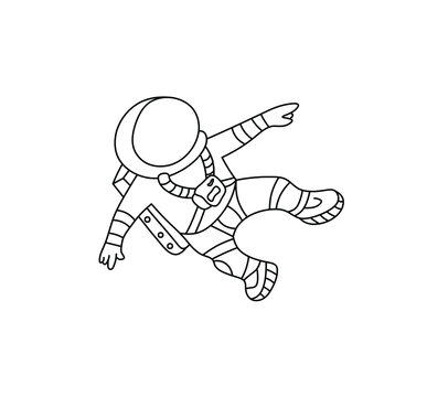 recommend clip art: Vector isolated flying cosmonaut in zero gravity contour line drawing. Colorless black and white astronaut line silhouette