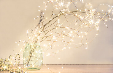 Christmas holiday lights on tree twigs and white background