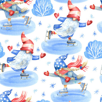 Seamless pattern with gnomes skating on ice ring, snow bushes and snowflakes on white background. Watercolor hand painted illustration. Winter design