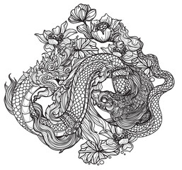 Tattoo art thai fish and thai snake in pond with lotus flowers pattern literature hand drawing sketch