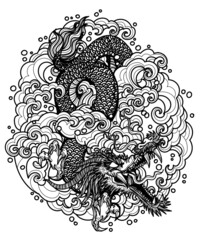 Fototapeta premium Tattoo art dargon in the tides hand drawing sketch black and white