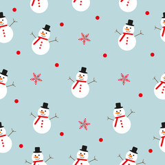 Seamless Christmas pattern with snowman and snowflakes. Vector graphics in cartoon style