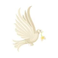 White Wedding Dove Flying with Flower in Beak Closeup Vector Illustration