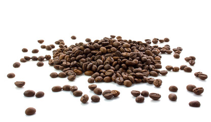 Scattered coffee beans isolated on white background.