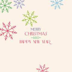 Merry Christmas and Happpy New Year. Abstract calligraphic pattern. Typography pattern. Design for card, poster, banner, label, print. Multi colored snowflakes, holiday colors.