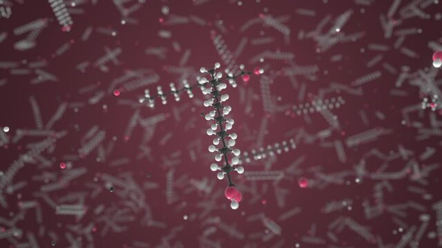 Palmitic acid molecule made with balls, isolated molecular model. Looping 3D animation or motion background