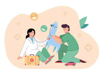 Kids boy and girl in medical uniform treating and examining toy lama. Cute children playing doctor and having fun flat vector illustration. Healthy lifestyle, role play concept