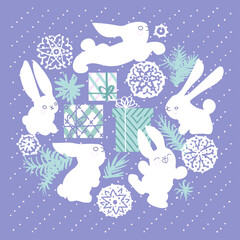 Illustration with Christmas hares, gifts, snowflakes, fir branches.