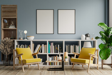 Mockup frame of living room with armchair on empty light blue color wall,library room.