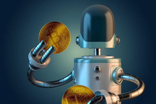 Robot Hold Bitcoin Coins. 3D Illustration. Isolated