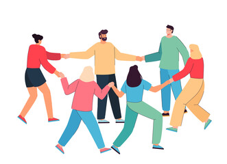 Adult people holding each others hand and leading round dance. Men and women going in circles together flat vector illustration. Friendship, family, multicultural society concept