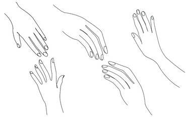 A set of women's hands is painted in a modern minimalist style on a white background. Hands drawn in one continuous line. An artistic line.