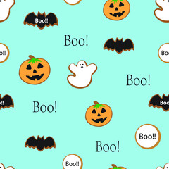 Halloween ghost, pumpkin, bat, Boo, cookies cute seamless repeat pattern with blue background