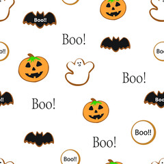 Halloween ghost, pumpkin, bat, Boo, cookies cute seamless repeat pattern