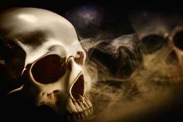 Human skulls against dark background